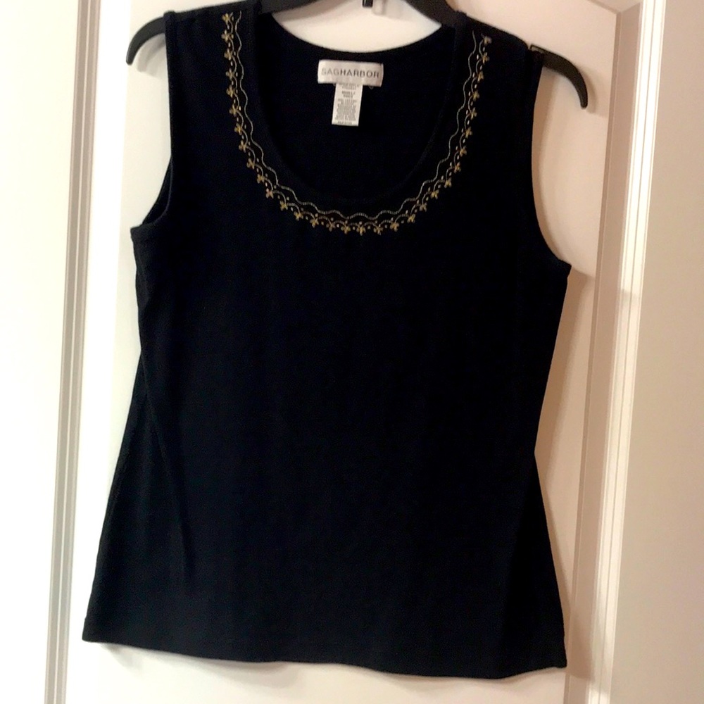Black tank with gold stitching and beads at neckline. SagHarbor, size S
